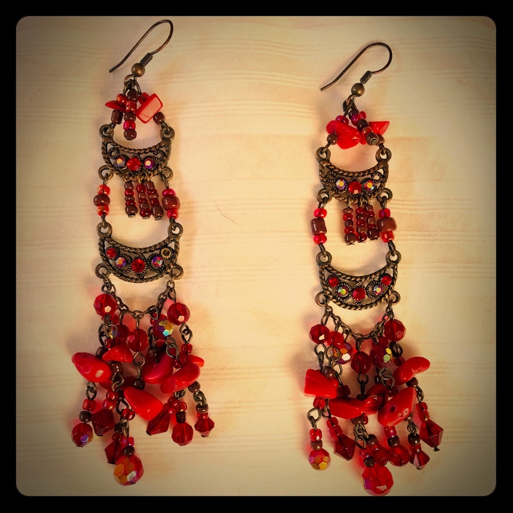 Chandelier Crystal & Red Coral earrings